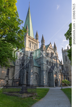 Vertical photo of pathway to Nidaros Cathedral entrance, surrounded by green trees Trondheim, Norway 109667615