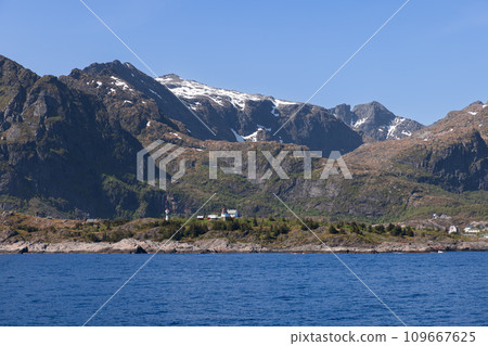lighthouses in the Moskenes harbor on Lofoten Islanad lighthouses in the Moskenes harbor on Lofoten Islanad 109667625