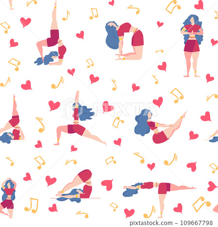 Seamless pattern Plus size curvy girls doing yoga class. Online home workout concept. Body positive Seamless pattern Plus size curvy girls doing yoga class. Online home workout concept. Body positive 109667798