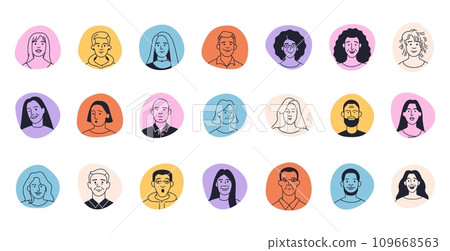 Doodle avatar faces. Cartoon comic character heads with different emotions, funny and trendy user profile pictures. Vector isolated set Doodle avatar faces. Cartoon comic character heads with different emotions, funny and trendy user profile pictures. Vector isolated set 109668563