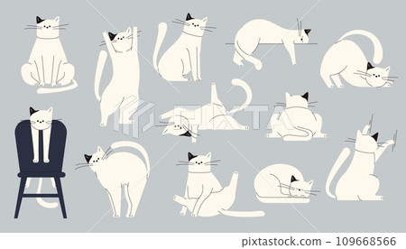 Cats body language. Cute kitten emotions, cartoon domestic cats showing emotions and mood, pet feline characters emotion and mood. Vector isolated set 109668566