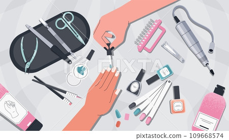 Manicure top view. Nail polish drying in salon lamp, cartoon manicure procedure in flat style with hands tools and manicurist. Vector illustration 109668574