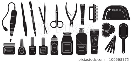 Black manicure tools. Doodle nail scissors nail clippers nail file and oil. Beauty salon pedicure tools. Vector simple set 109668575