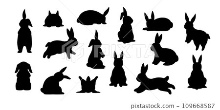 Rabbit silhouette. Cute domestic hare animal sketch, black icons of bunny in different poses. Vector flat doodle collection 109668587