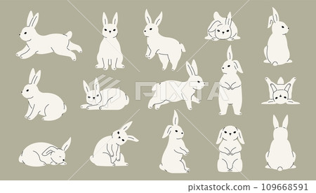 Cute rabbit collection. Doodle hare icons with different expressions, running wild animals in environment. Vector colorful doodle collection 109668591
