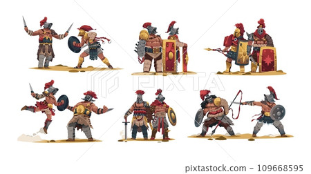 Ancient fighting warriors. Cartoon ancient roman soldier characters with armor and weapons, flat historical barbarian characters fighting. Vector set Ancient fighting warriors. Cartoon ancient roman soldier characters with armor and weapons, flat historical barbarian characters fighting. Vector set 109668595