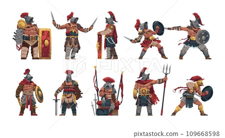 Gladiator characters. Cartoon ancient roman gladiator warrior in different fighting and standing poses, 2D game asset. Vector isolated set Gladiator characters. Cartoon ancient roman gladiator warrior in different fighting and standing poses, 2D game asset. Vector isolated set 109668598