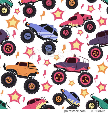 Monster truck pattern. Seamless print of vehicle with monster truck tires and engine, cartoon road vehicle texture for wrapping paper printing Monster truck pattern. Seamless print of vehicle with monster truck tires and engine, cartoon road vehicle texture for wrapping paper printing 109668604