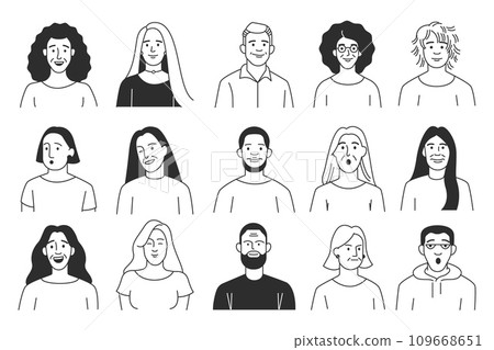 Hand drawn doodle characters. Cartoon outline persons with various emotions, diverse multicultural people in different clothes. Vector hand drawn set Hand drawn doodle characters. Cartoon outline persons with various emotions, diverse multicultural people in different clothes. Vector hand drawn set 109668651