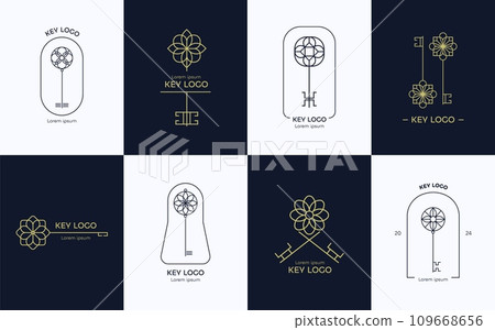 Keys logo. Endless looping ornate key badges for real estate company, decorative security symbol. Vector key decorative emblem set 109668656