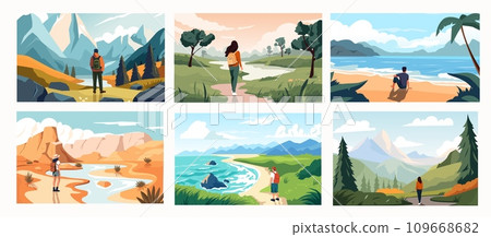 Travelers looking at scenery. Cartoon persons exploring nature and landscape, persons on vacation trip and hiking, summer vacation concept. Vector illustration 109668682
