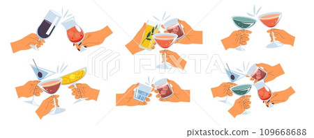 Hands toast with alcohol. Cartoon person drink wine champagne cocktail, celebrate party with friends, drink alcohol. Vector flat persons hands holding wine glass isolated set Hands toast with alcohol. Cartoon person drink wine champagne cocktail, celebrate party with friends, drink alcohol. Vector flat persons hands holding wine glass isolated set 109668688