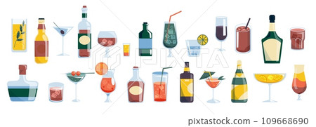 Alcohol drinks collection. Bar and restaurant menu with cocktail and wine, whiskey and rum, vermouth and gin. Vector alcohol beverage set Alcohol drinks collection. Bar and restaurant menu with cocktail and wine, whiskey and rum, vermouth and gin. Vector alcohol beverage set 109668690