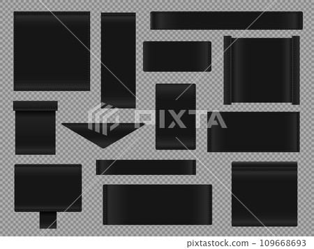 Black fabric tags. Realistic horizontal labels with thread and sewing symbols, textile blank badges for apparel design. Vector set Black fabric tags. Realistic horizontal labels with thread and sewing symbols, textile blank badges for apparel design. Vector set 109668693