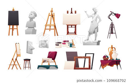 Art studio elements. Cartoon painting tools and workshop equipment, artist drawing tools statues and mockups, creative concept. Vector isolated set 109668702