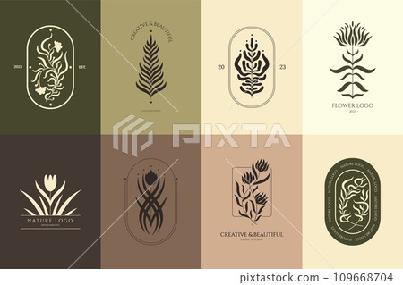 Boho floral emblems. Abstract botanical symbols with leaves and flowers. Magic zodiac astrology signs. Nature luxury emblem design vector set 109668704