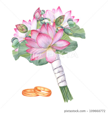 Wedding bouquet with white pink lotuses and eucalyptus. Blooming water lily, buds, green leaves, gold rings. Lovely boutonniere with white satin ribbon. Watercolor illustration isolated on white. 109668772