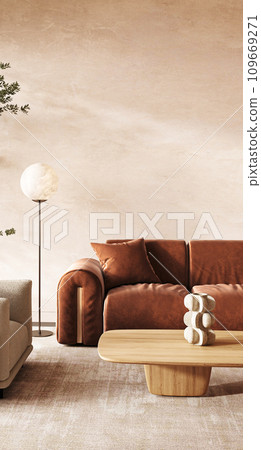 Modern Scandinavian living room with statement lighting and terracotta sofa. 3d render 109669271