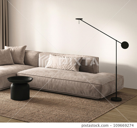 Minimalist Scandinavian living room with plush grey sofa and modern black floor lamp. 3d render 109669274