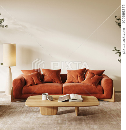 Modern Scandinavian living space with a plush terracotta couch and elegant home accents. 3d render 109669275