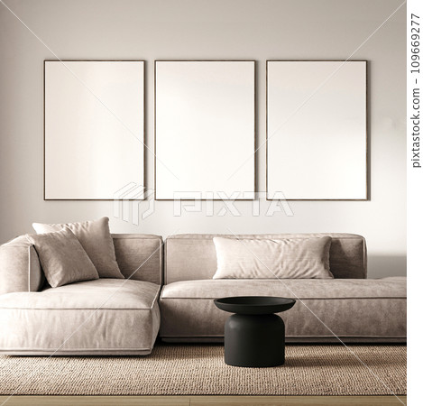 Sleek Scandinavian living room with comfortable grey sofa and abstract wall frames. 3d render Sleek Scandinavian living room with comfortable grey sofa and abstract wall frames. 3d render 109669277