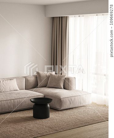 Bright Scandinavian living room with city view, featuring a grey sofa and minimalist accents. 3d render 109669278