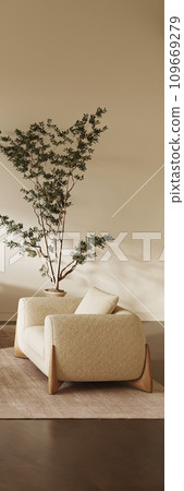 Elegant Scandinavian style living room with minimalist beige armchair and natural decor. 3d render Elegant Scandinavian style living room with minimalist beige armchair and natural decor. 3d render 109669279