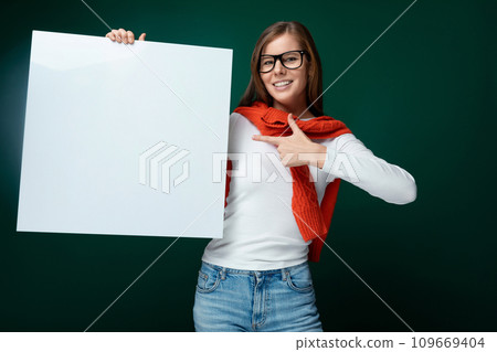 Smart young woman with brown hair showing presentation on whiteboard with mockup 109669404