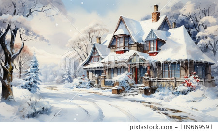 AI-generated content. Winter landscape with glowing wooden cabin in snowy street, AI AI-generated content. Winter landscape with glowing wooden cabin in snowy street, AI 109669591