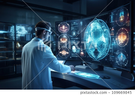 Radiologist examining a CT scan on a lightbox, with detailed annotations and notes, computer screens Radiologist examining a CT scan on a lightbox, with detailed annotations and notes, computer screens 109669845