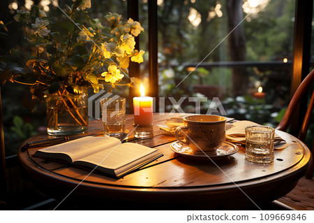 Quiet coffee corner adorned with flowers and a book Quiet coffee corner adorned with flowers and a book 109669846