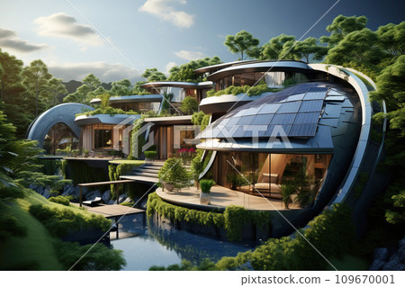 Home ecological architecture aesthetic with solar panels on its roof Home ecological architecture aesthetic with solar panels on its roof 109670001