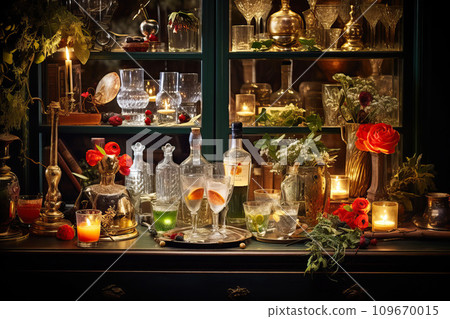 Christmas cocktail bar, gourmet holiday drinks, adorned with fresh herbs, edible flowers 109670015