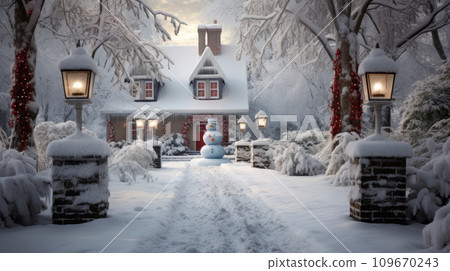 AI-generated content. Winter landscape with glowing wooden cabin in snowy street, AI 109670243