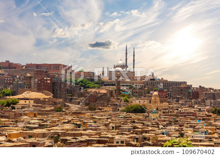 Live district of Cairo and Mosque of Mohammed Ali, beautiful eastern scenery of Egypt 109670402