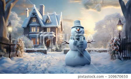 AI-generated content. Winter landscape with snowman and cozy family house, AI 109670650