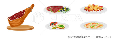 Spanish Dish and Food of Mediterranean Cuisine Vector Set Spanish Dish and Food of Mediterranean Cuisine Vector Set 109670695