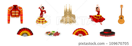 Spanish Traditional Symbols and Objects with Woman Dance Flamenco, Guitar, Hat and Cathedral Vector Set 109670705