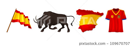 Spanish Traditional Symbols and Objects with Flag, Bull, Map and Sweatshirt Vector Set 109670707