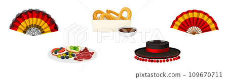 Spanish Traditional Symbols and Objects with Fan, Churros, Snack and Brimmed Hat Vector Set 109670711