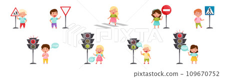 Cute Boy and Girl Child Learning Rules of Road and Traffic Education Vector Set 109670752