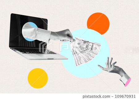 Collage with hands passing money sticking out of laptop. Online payment concept Collage with hands passing money sticking out of laptop. Online payment concept 109670931