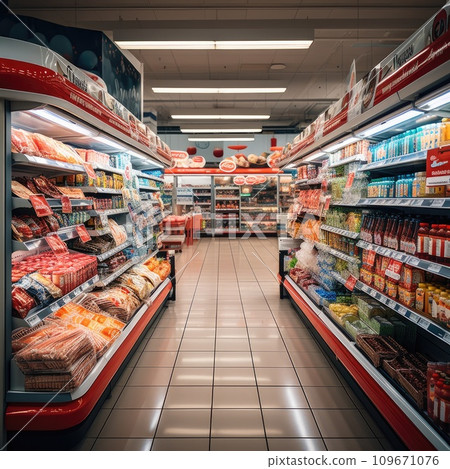 AI-generated content. Supermarket with a variety of products, a long corridor, and light bulbs on the ceiling. Generative AI 109671076