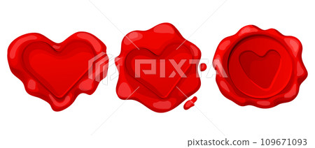 Romantic red wax seal heart shape in cartoon style isolated on white background. Holiday stamp, love letter decoration. Romantic red wax seal heart shape in cartoon style isolated on white background. Holiday stamp, love letter decoration. 109671093
