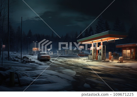AI-generated content. Gas station at night. Renewable power concept. Generative AI 109671225