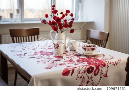 AI-generated content. Romantic dinner with a red rose bouquet and candle. Generative AI 109671361