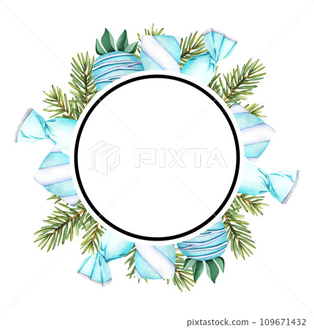 Winter sweet dessert frame with caramel candies in blue wrapper with bows, sweet marshmallow twists, strawberry with glaze blue chocolate and fir tree branches. Watercolor illustration for design Winter sweet dessert frame with caramel candies in blue wrapper with bows, sweet marshmallow twists, strawberry with glaze blue chocolate and fir tree branches. Watercolor illustration for design 109671432