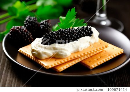 Closeup of natural black caviar served on crackers on black background, texture of fresh sturgeon caviar macro photo. 109671454