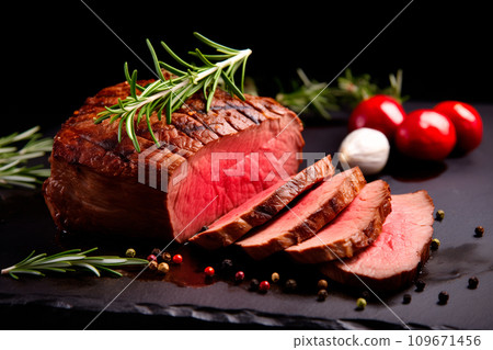 Closeup view of Medium rare roasted beef meat on plate. Slices of juicy beef steak or angus steak 109671456