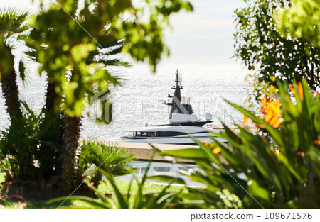 top of huge luxury yacht through trees and flowers at sunny day, the famous motorboat exhibition in the principality 109671576